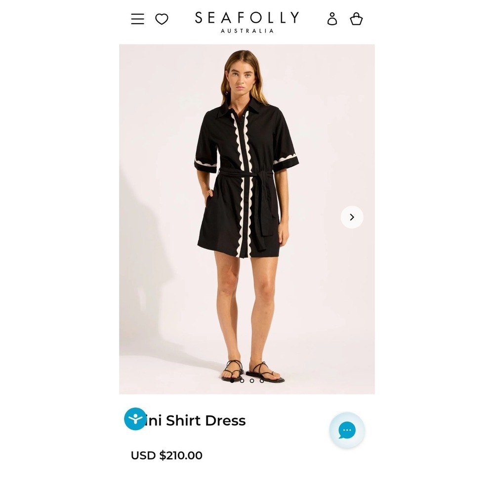 Seafolly Australia Mini Shirt Dress Womens‎ Small Black Scalloped Ric Rac New